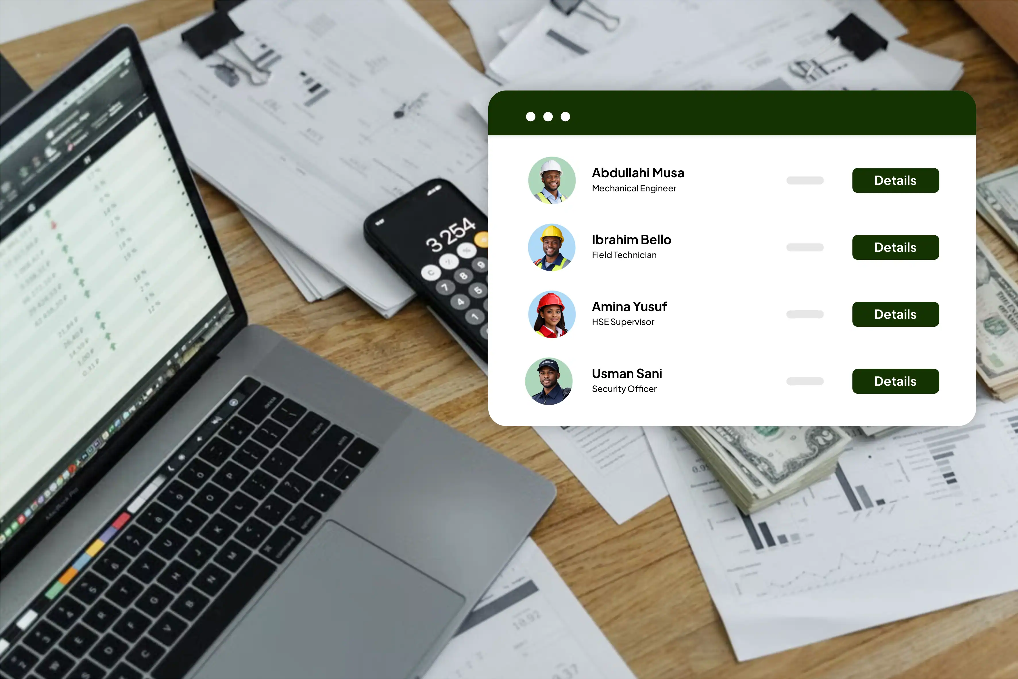 IMKASH payroll roster showing deployed personnel and pay details